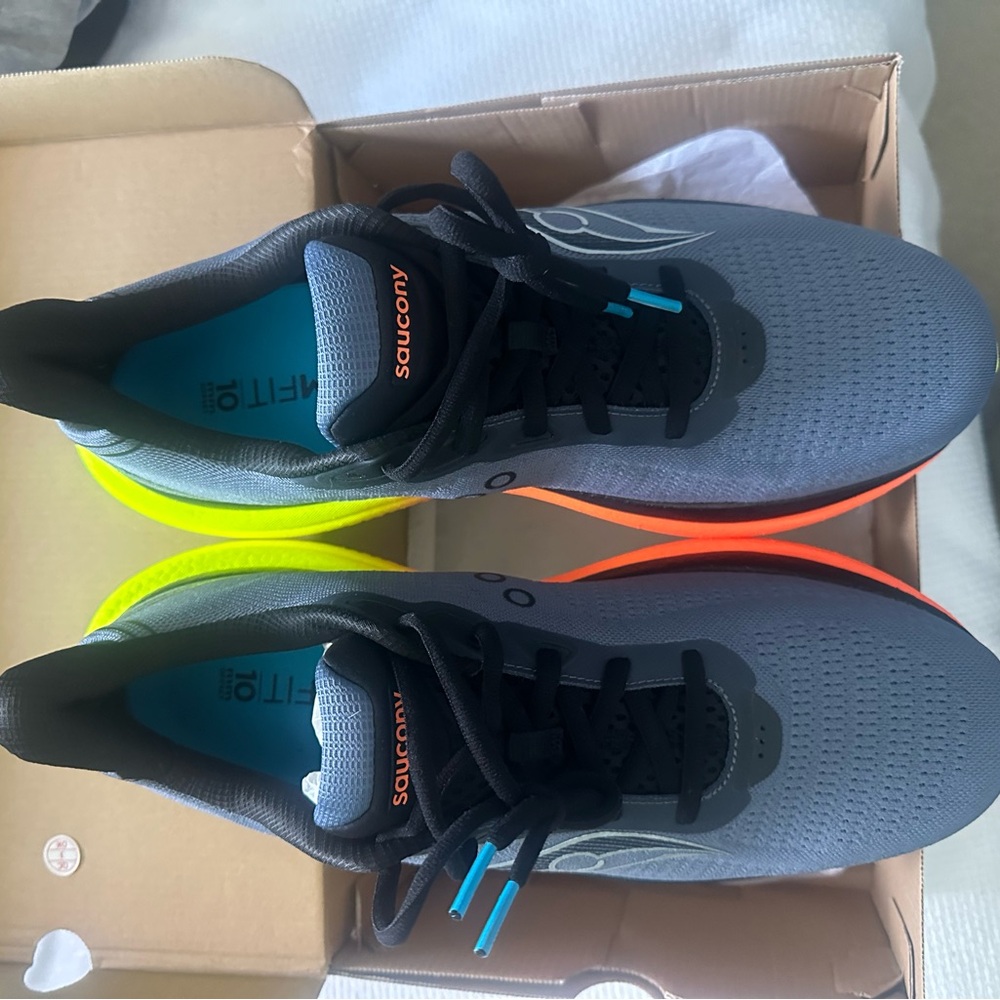 Saucony Men’s Gray Knit Running Shoes with Neon Orange and Yellow Gradient Soles - Picture 2 of 7